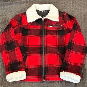 Maurices Red and Black Plaid Pea Coat with Sherpa Collar